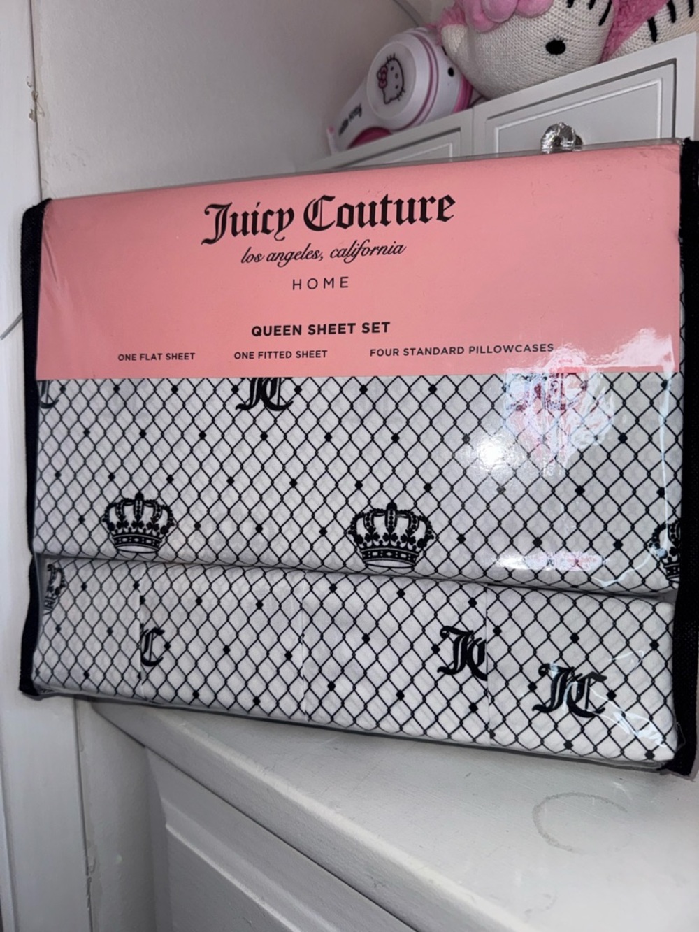 NWT Juicy Couture White Mesh Crown & JC Monogram Sheet Set